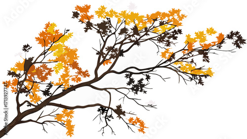 Stylized Autumn Tree Branch with Golden and Orange Fall Leaves, Vector Illustration Isolated on White for Seasonal Design Elements