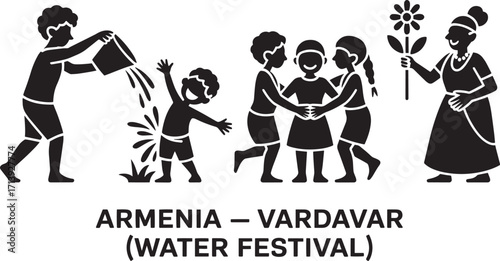 Armenia Vardavar Water Festival Silhouette Vector Illustration with Children and Adults