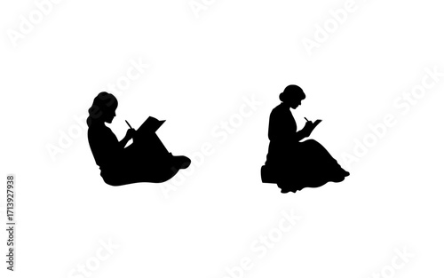 Two silhouettes of women sitting and writing in notebooks with pens on a white background space