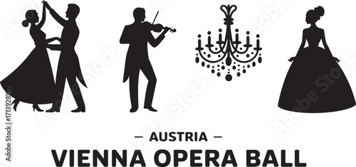 Austria Vienna Opera Ball Silhouette Vector Illustration Featuring Dancers, Violinist, and Chandelier
