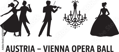 Austria Vienna Opera Ball Silhouette Vector Illustration Featuring Dancers, Violinist, and Chandelier
