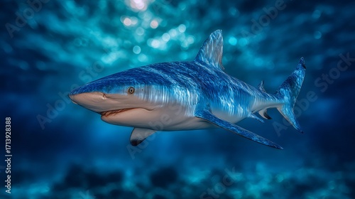 Shark swimming in blue ocean underwater habitat