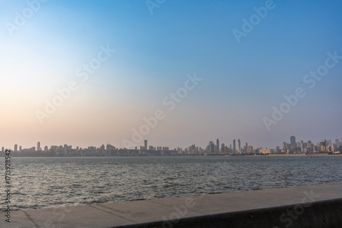 Marine Drive Promenade with Mumbai Skyline at Sunset, India