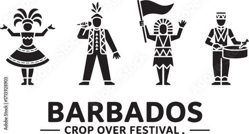 Barbados Crop Over Festival Silhouette Vector Illustration with Costumed Performers