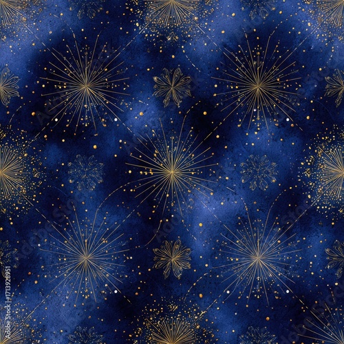 Gold fireworks bursts on a deep blue, starry background