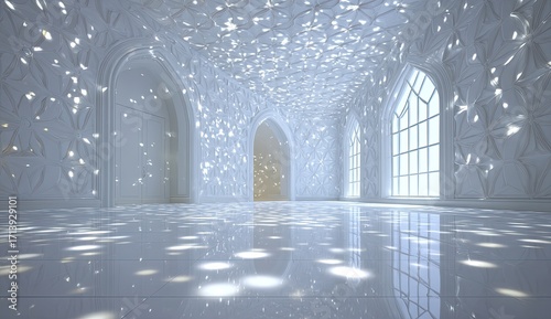 White, ornate hall with light patterns