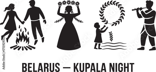 Belarus Kupala Night Summer Solstice Festival Silhouette Vector Illustration with Rituals