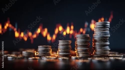 Stacks of Coins Rising with Blurred Financial Chart Background, Investment Concept.
