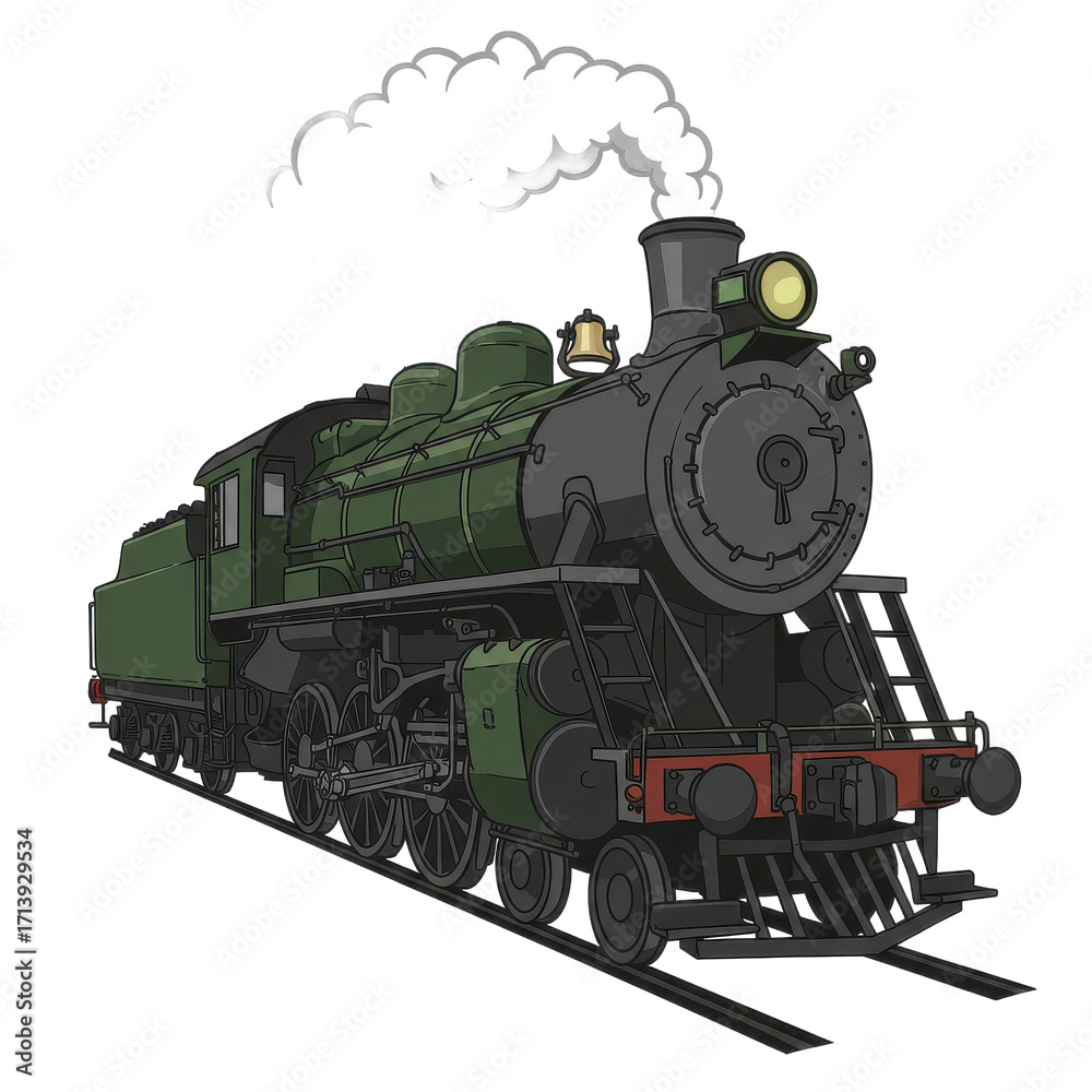 Naklejka premium Illustration of a classic green and black steam locomotive engine on railroad tracks with smoke coming from its chimney.