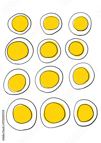 Simple illustration of multiple boiled egg halves with yellow yolks, arranged in a seamless pattern, perfect for food design backgrounds.