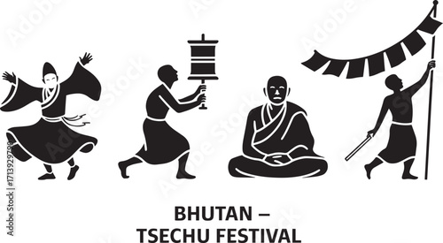 Bhutan Tshechu Festival Silhouette Vector Illustration with Monks and Religious Symbols