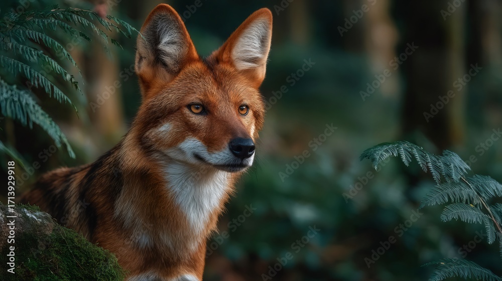 Fototapeta premium Red fox looking attentive in dense forest