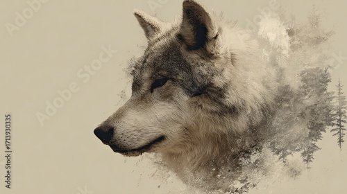 A side profile of a wolf merges with trees creating a blended natureanimal effect against a tan backdrop