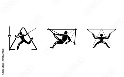 Three black and white illustrations depicting a person exercising with ropes and geometric structures