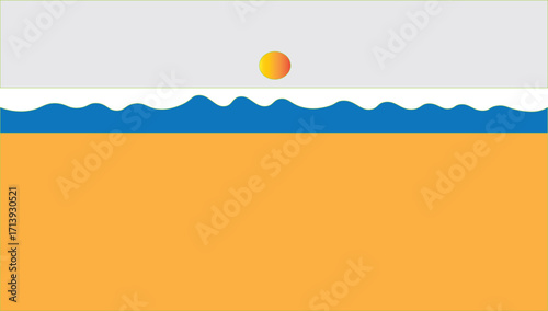 Minimal beach scene with orange sand, blue waves, and gradient sun on the horizon. Abstract design evokes tropical calm, summer warmth, and geometric simplicity in nature.