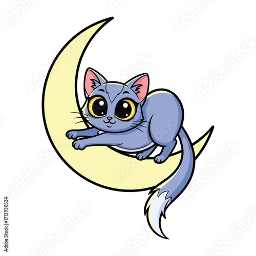Whimsical Kitten on Crescent Moon: This whimsical illustration depicts a charming cartoon kitten perched serenely upon a glowing crescent moon. The artwork evokes a sense of magic and fantasy.