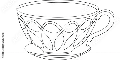 Single line drawing of a teacup and saucer with ornate pattern