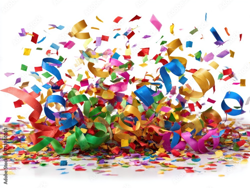 Fototapeta premium Colorful confetti and streamers explode in a festive display