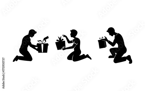 Three silhouetted figures kneeling with wrapped gifts in various stages of opening and holding them