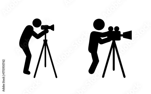 Two black silhouettes showing people using cameras on tripods against a white background design art