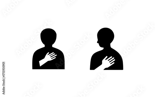 Two silhouetted figures with hands over their hearts in a simple black and white graphic design image