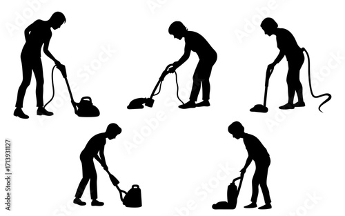 Silhouettes of people vacuuming in various poses and positions on a white background, cleaning activity