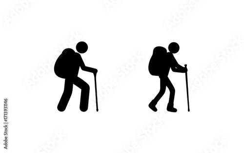 Two black stick figures depicted hiking with backpacks and walking sticks on a white background