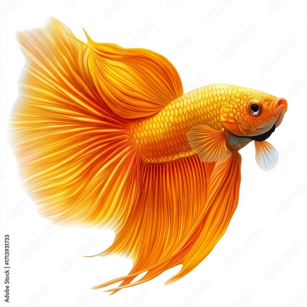 Fototapeta premium A vibrant betta fish with flared fins and striking colors, front diagonal view, fish isolated on white background color, photorealistic accuracy, good composition, high resolution