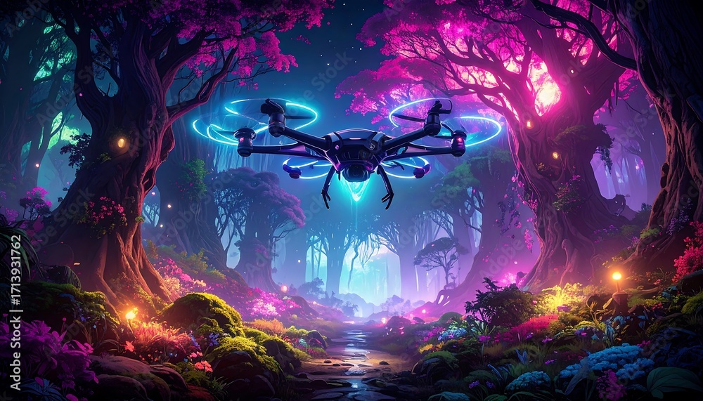 Fototapeta premium A drone soars through a vibrant, magical forest at night