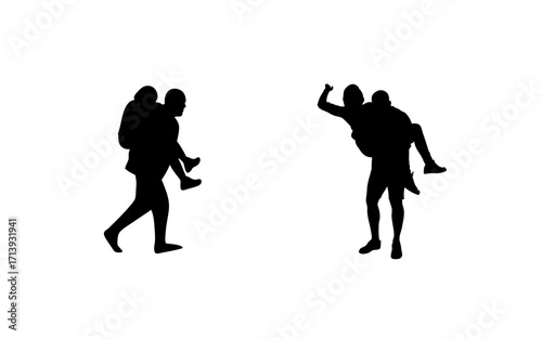 Two silhouettes of people giving piggyback rides on a white background in a simple illustration