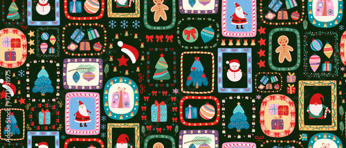 A Christmas pattern with frames and hand-drawn Santa Claus, snowman, gingerbread man, gift box, bells, trees, and a gnome for the winter holidays.