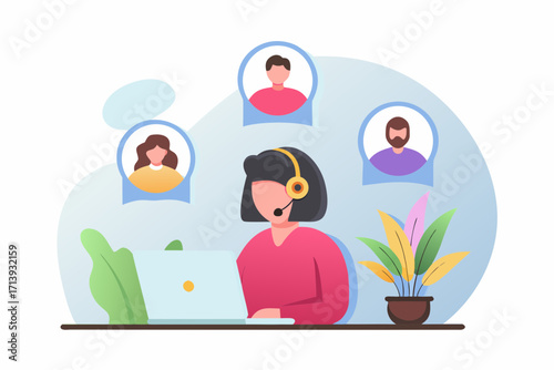 Customer service representative wearing headset and working on laptop connecting with clients
