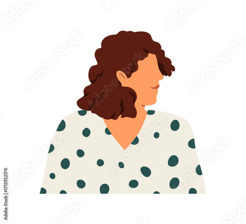 Female profile. Abstract woman face looking aside. Person with head turned, side view. Faceless portrait in casual apparel, hair style. Flat vector illustration isolated on white background