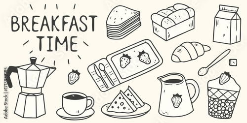 Hand drawn doodle illustration of breakfast time with coffee bread croissant strawberries and milk carton