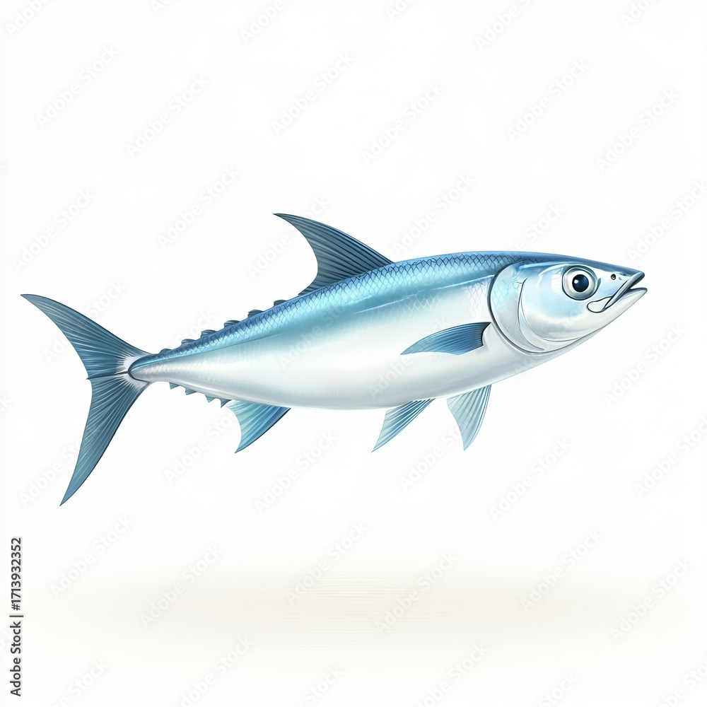 Obraz premium A freshly caught mackerel with metallic blue sheen and pointed fins, side perspective, fish isolated on white background color, photorealistic accuracy, good composition, high resolution