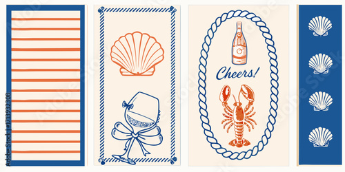 Nautical themed illustrations featuring seashells lobster champagne and striped patterns in blue and orange