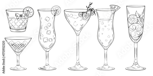 Collection of hand drawn cocktail glasses filled with ice and garnishes