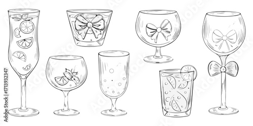 Collection of hand drawn cocktail glasses with fruit and decorative bows for celebrations