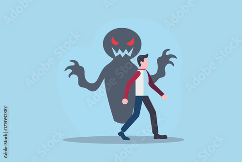 Man walking forward with a menacing shadow monster lurking behind him representing fear or inner demons