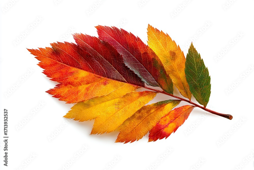 Obraz premium Autumn leaf array with reds oranges yellows and greens set against a stark white background