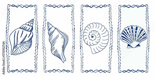 Four hand drawn blue line art seashells in decorative frames on white background