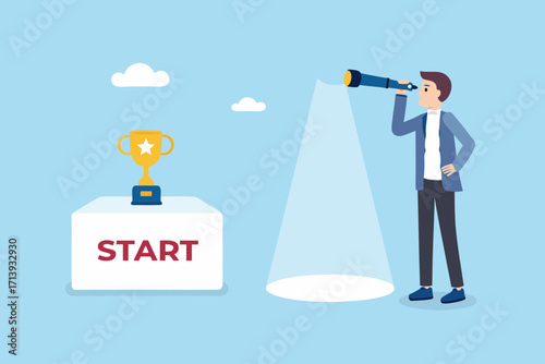 Man with telescope looking towards a trophy on a start pedestal with spotlight