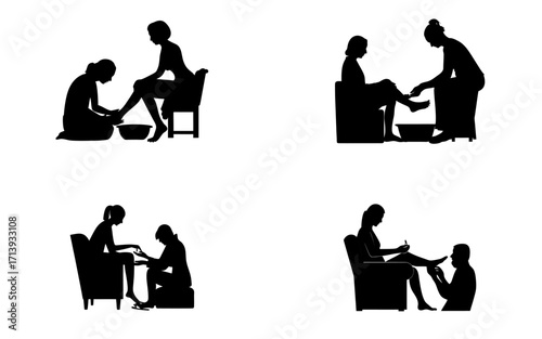 Four silhouette illustrations depicting various foot care and pedicure scenarios on a white background