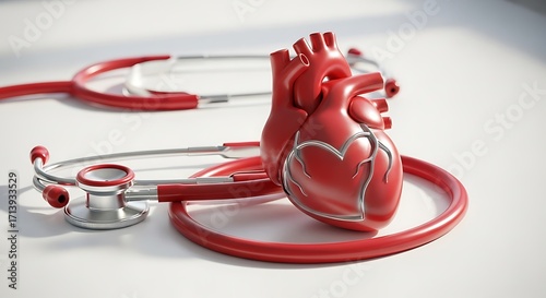 A realistic 3D rendering of a human heart model with a red stethoscope, symbolizing cardiology and medical care.