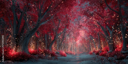 Magical, glowing red forest path