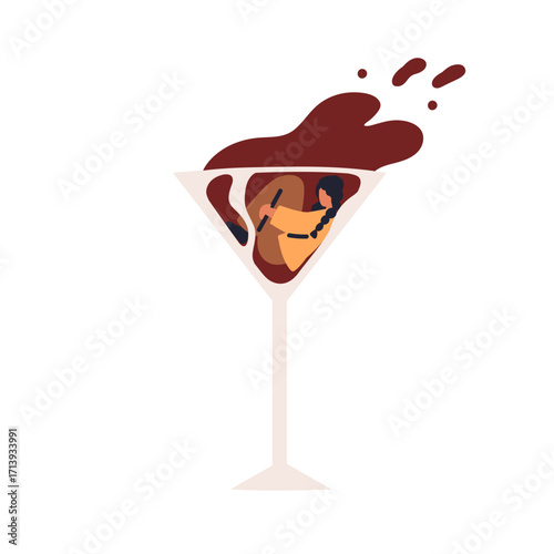 Alcohol addiction concept. Addicted woman drowning inside wineglass. Wine drinking abuse. Dependency, unhealthy bad habit and intoxication risk. Flat vector illustration isolated on white background