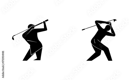 Two stylized black silhouettes of golfers in action swinging their clubs on a white background