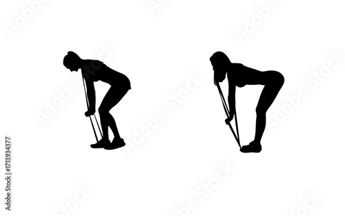 Two silhouettes of women exercising with resistance bands in a bent over position on a white background