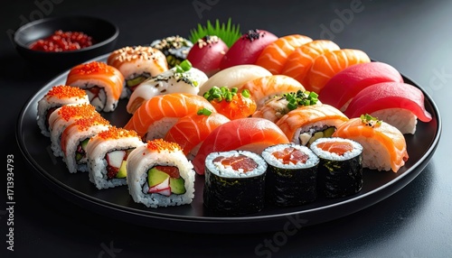 A large platter of assorted sushi rolls and nigiri, featuring various colorful fish and seafood, is displayed against a dark background.