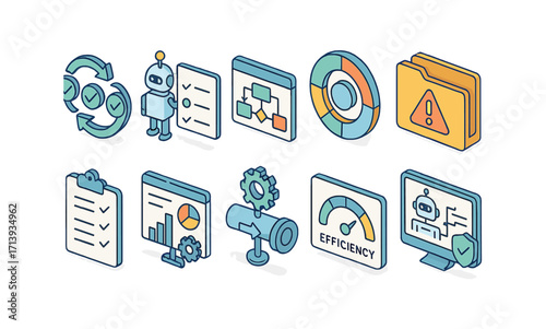 Business and efficiency 3d icon set. workflow, automation, productivity graphics